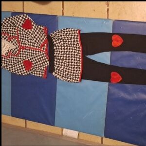 Kids Black and White Houndstooth Leggings with Red Heart Accents